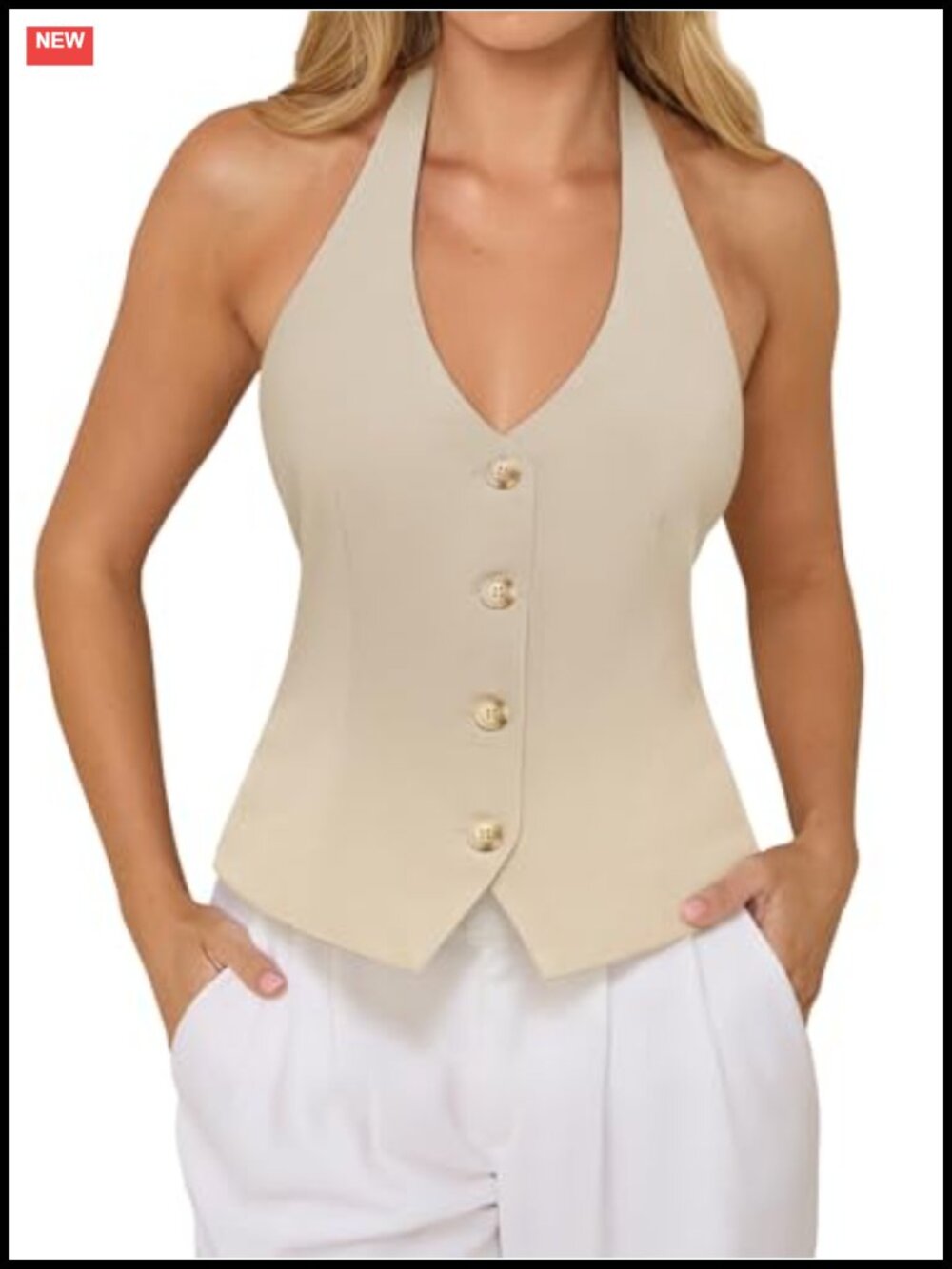 Womens Halter V Neck Button Down Suit Vest Sleeveless Waistcoat Business Casual